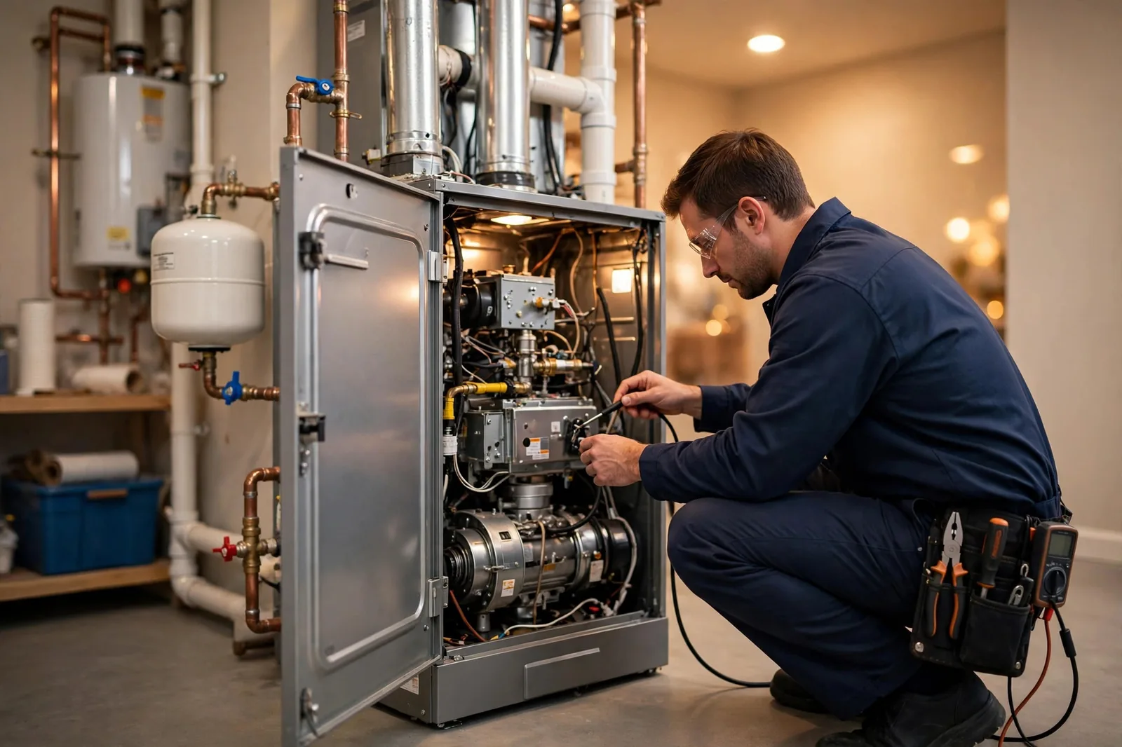 Technician servicing a home gas furnace