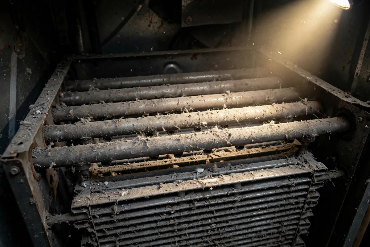 Dust covered furnace burners lit by a flashlight during an inspection