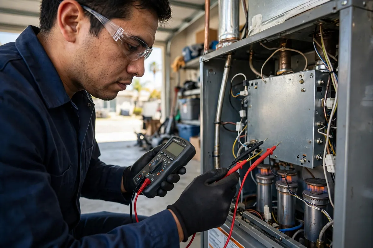 Technician testing a gas furnace with a multimeter during a cold air diagnosis