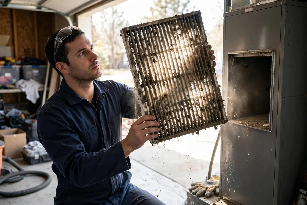 Technician holding a dust clogged furnace filter up to the light