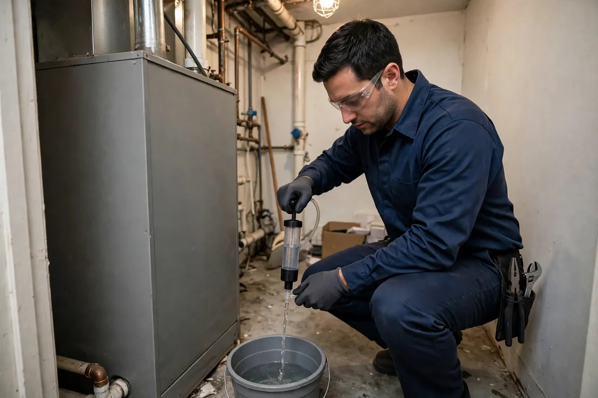 Technician clearing a furnace condensate drain line into a bucket