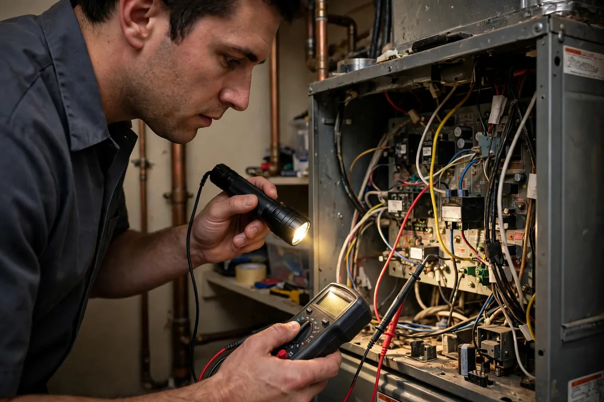 Technician inspecting a furnace control board with a flashlight and meter