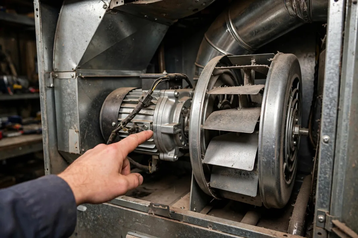 Close view of a furnace blower motor and wheel during a noise inspection